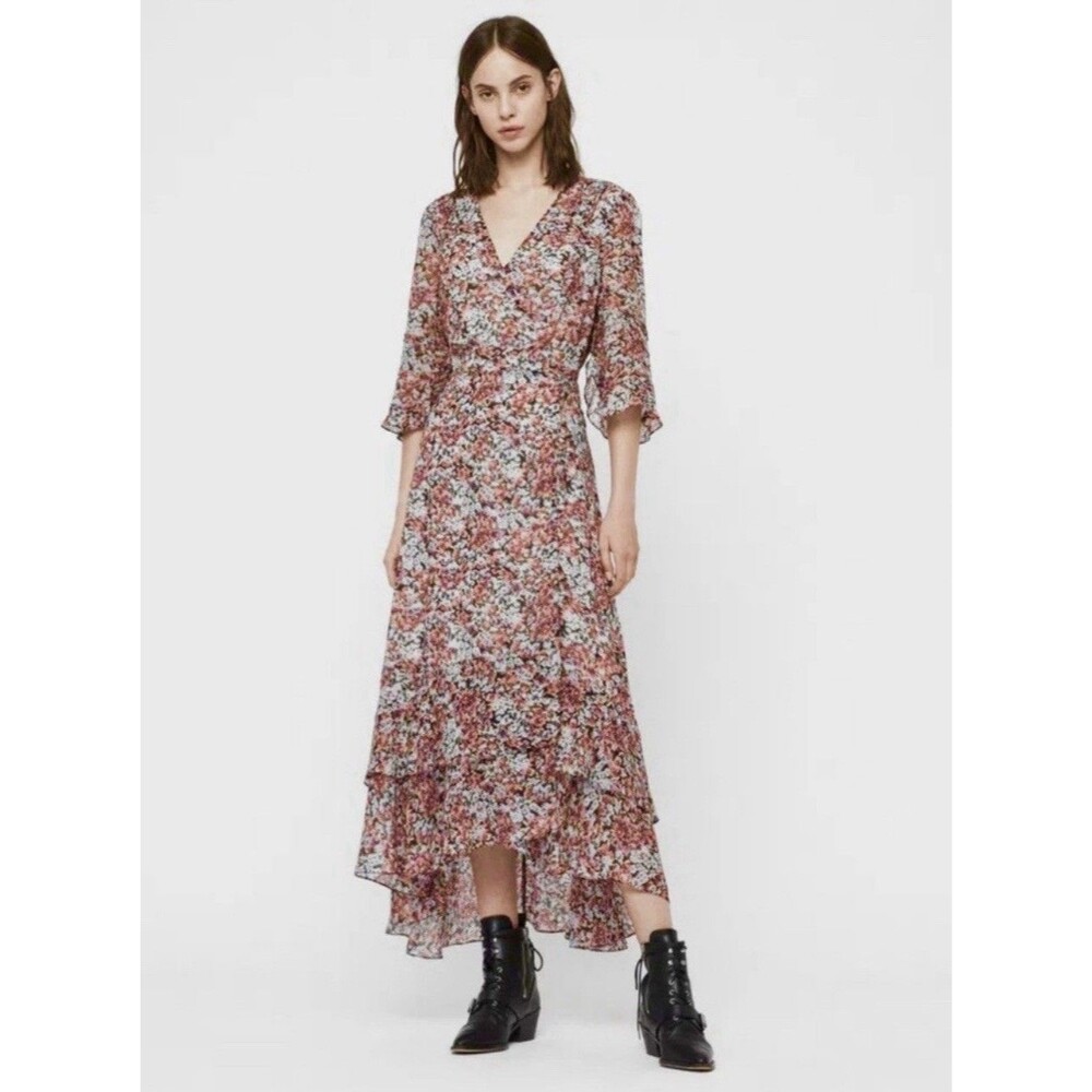 AllSaints Delana Wilde Floral Wrap Midi Dress Ruffle V-Neck Multi Coastal Size L